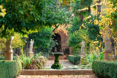 Romantic garden in Carmen de los Martires next to the Alhambra in Granada Spain in Autumn, Andalusia, Spain