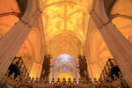 Gothic interior of the Cathedral of Saint Mary of the Sea (Seville Cathedral) in Seville, Andalusia, Spain