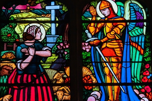 Interior view of stained-glasses windows decors of church Saint Sauveur in Aix-en-Provence, Provence, France