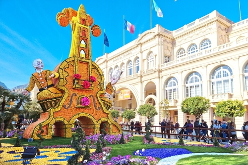 Menton, Cote d'Azur, France. Art made of lemons and oranges in the famous Lemon Festival (Fete du Citron) in Menton, France. The famous fruit garden receives 230,000 visitors a year