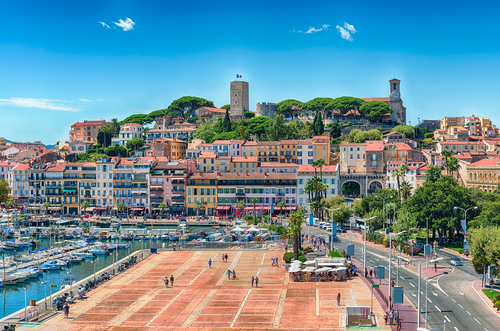 Aerial view over the Vieux Port (Old Harbor) and Le Suquet district in Cannes, Cote d'Azur, France