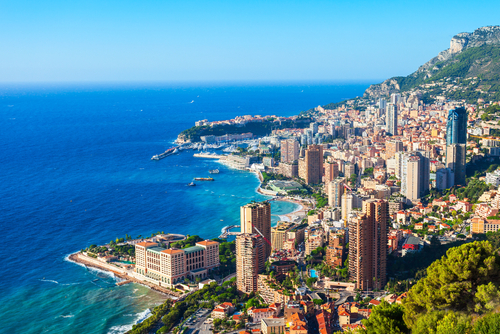 Monte Carlo, Monaco aerial panoramic view. Monaco is a country on the French Riviera near France