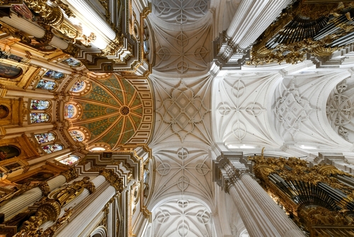 Interior view of the ceiling at Granada Cathedral or Cathedral of Incarnation (Catedral de Granada, Santa Iglesia Catedral Metropolitana de la Encarnacion de Granada, 1561), Roman Catholic church in Granada, Andalusia, Spain