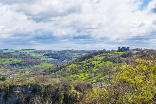 English countryside and Matlock town seen from Heights of Abraham in the Peak District National Park, Derbyshire, England, UK