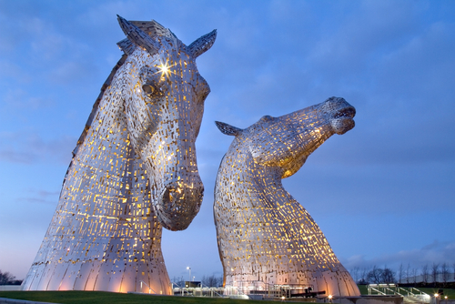 Evening view of the Kelpies on the Forth and Clyde canal near Falkirk, Stirlingshire, Scotland, United Kingdom
