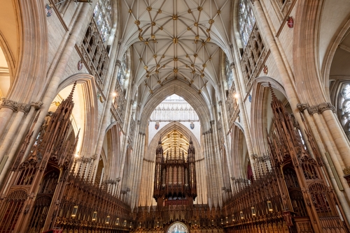 Interior view of the quire inside York Minster cathedral in Yorkshire, England, United Kingdom