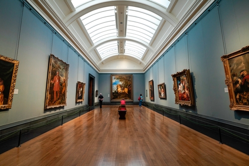 Interior of the National Gallery, Clore Room. The National Gallery is an art museum in Trafalgar Square in the City of Westminster in Central London, England, UK