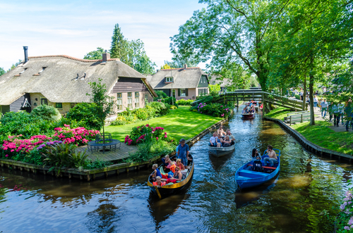 View of typical houses of Giethoorn, the beautiful houses and gardening city is know as 
