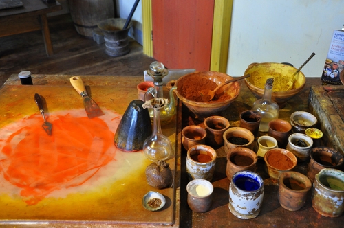 Interior display of paints and pigments at Rembrandt's workshop in the Rembrandt House Museum in Amsterdam, The Netherlands