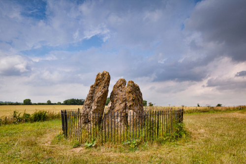 The Whispering Knights, the remains of a portal dolmen in the Rollrights area of Costswolds, England, UK
