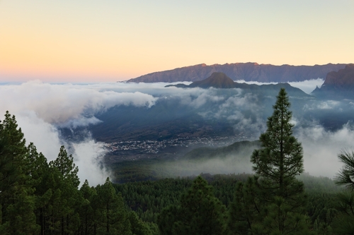 A majestic sunrise over the clouds on La Ruta de los Volcanes (The Volcano Route), Parque Natural Cumbre Vieja, overlooking Caldera de Taburiente, La Palma Island, The Canary Islands, Spain