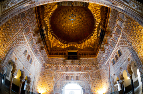 View of the beautiful golden ceiling at the Royal Alcazar of Seville, Andalusia, Spain