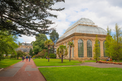 The Victorian Tropical Palm House, the oldest glasshouse at the Royal Botanic Gardens, a public park in Edinburgh, Scotland, UK
