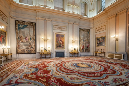 Interior view of the Hall of Halberdiers (Salon de Alabarderos) at the Royal Palace of Madrid, Spain