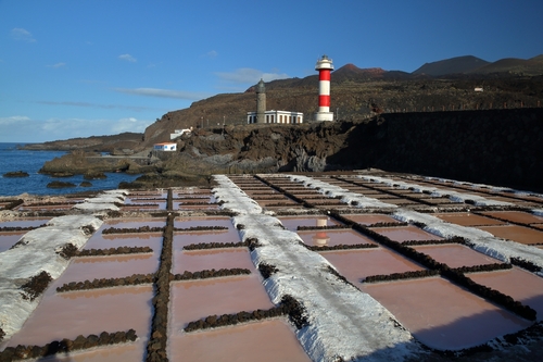 Salinas de Fuencaliente (Salt fields of Fuencaliente) and the lighthouse in the background, Fuencaliente, La Palma island, The Canaries, Spain