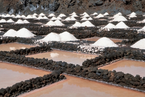 View of the Salinas de Fuencaliente, salt evaporation ponds at La Palma Island, The Canary Islands, Spain