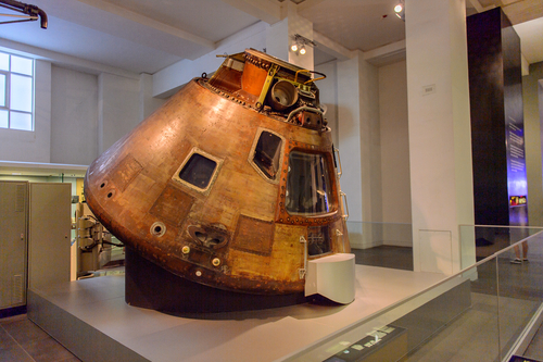 Space capsule at the Science Museum, a major museum on Exhibition Road in South Kensington, London, England, United Kingdom. It was founded in 1857