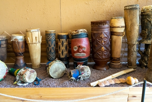 View of an exhibition of drums at the Science Park Museum in Granada, Andalusia, Spain