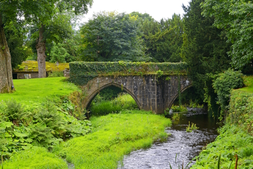 Grounds, garden buildings and trees of Water Park at the Studley Royal Park, UNESCO World Heritage Site in the Yorkshire Dales National Park, Yorkshire, England, United Kingdom