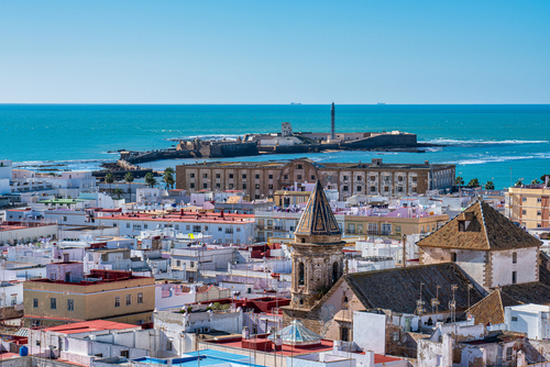 View of the old city rooftops from Tavira Tower in Cadiz, Andalusia, Spain