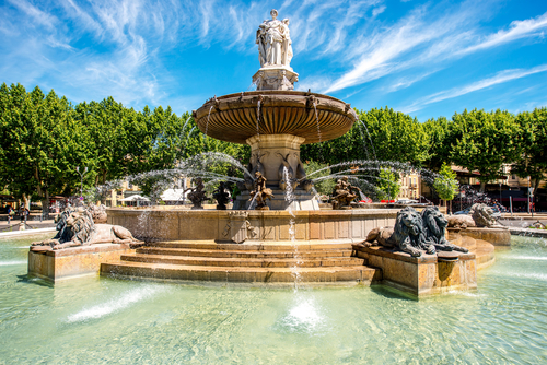 The Fountain de la Rotonde with three sculptures of female figures presenting Justice in Aix-en-Provence, Provence, France