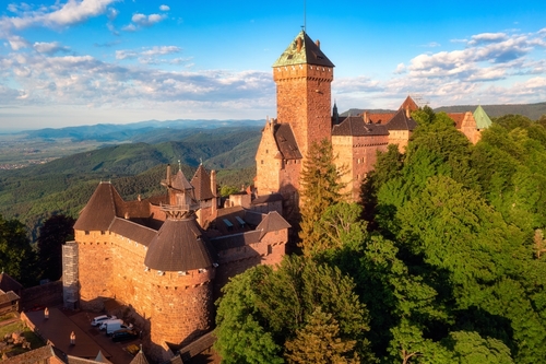 Medieval Chateau du Haut-Koenigsbourg castle in Vosges mountains by Selestat is one of the main historical landmarks in Alsace, France