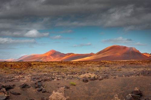 Beautiful view of wild volcanic landscape of the Timanfaya National Park, Lanzarote Island, Canary Islands, Spain