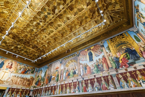 Interior view of the paintings in the chapter house of the cathedral Saint Mary of Toledo, whose construction started in 1226, Toledo, Castile-La Mancha, Spain