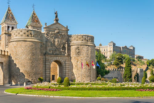 View of the Puerta de Bisagra or Alfonso VI Gate in city of Toledo, Castilla La Mancha, Spain