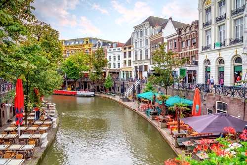 View of Jans Jansbrug, Old city of Utrecht, Holland on a beautiful partly cloudy day