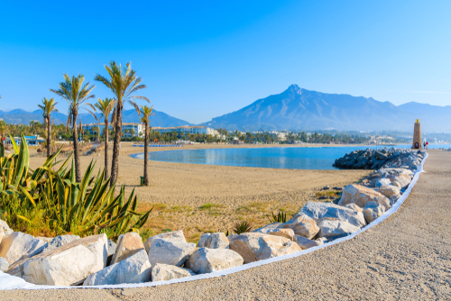 View of a beautiful beach with palm trees in Marbella near Puerto Banus marina, near Malaga, Costa del Sol, Andalusia, Spain
