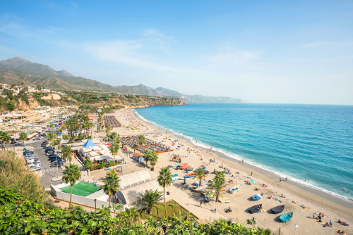 View of the Nerja beach and its facilities, near Malaga, Costa del Sol, Andalusia, Spain