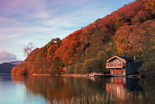 The Duke of Portland boathouse, an iconic landmark on the banks of Ullswater lake, the Lake District National Park, Cumbria, England, United Kingdom
