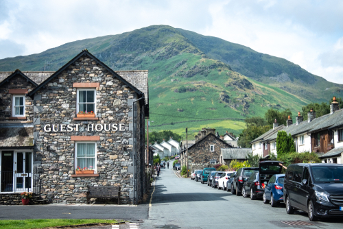 A guest house in Glenridding, a small town on the shores of Ullswater lake and the start point of the famous Helvellyn striding edge hiking route, the Lake District National Park, Cumbria, England, UK