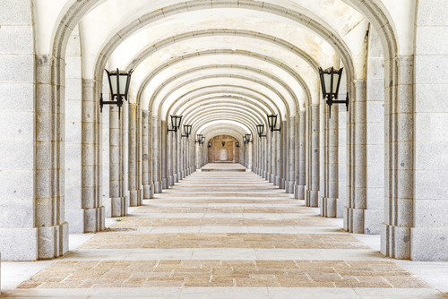 Covered corridor at The Valle de los Caidos or Valley of the Fallen. It was erected in Guadarrama to honour those who died in the Spanish Civil War near Madrid, Spain