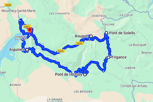 Circular route between Pont du Galetas, Aiguines, Pont de Soleils, Rougon, Trigance, Pont de l'Artuby, D71, Trigance, Aiguines, Pont du Galetas, Aiguines