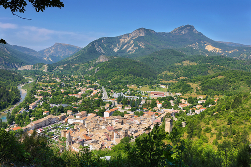 View of the ancient village Castellane (Provence) from the chapel Notre Dame du Roc, Verdon, Provence, France