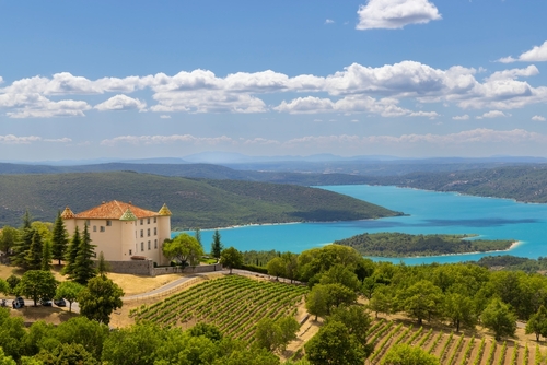 Typical Provencal town Aiguines with Lac de Sainte-Croix, Verdon Natural Park, Alpes-de-Haute-Provence, Provence, France