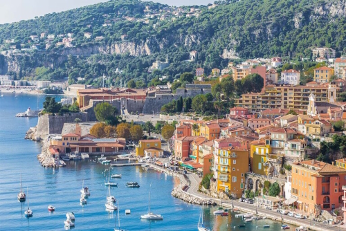 View of the harbor of the village of Villefranche-sur-mer, the French Riviera, Cote d'Azur, France