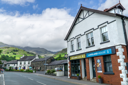 View of buildings in Coniston town high street, Lake District National Park, Cumbria, England, United Kingdom