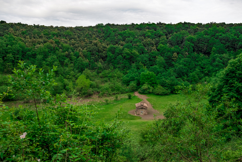 Scenic landscape of Santa Margarita volcano in Garrotxa Volcanic Region, Catalonia, Spain