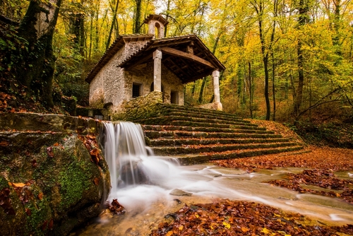 Autumn in Sant Marti del Corb church, La Garrotxa Volcanic Region, Catalonia, Spain