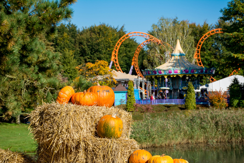 Pumpkins in front of some attractions at the Walibi amusement park in Biddinghuizen, Flevoland, Holland, during the theme Halloween fright night