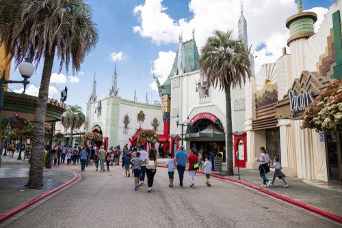 View of people walking around the Warner Brothers Park on a beautiful day, Madrid, Spain