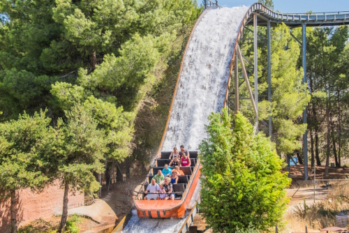 View of people on a waterslide ride in the Warner Brothers Park in Madrid, Spain