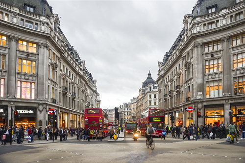 View of Oxford Street, a major road in the West End of London, England, UK