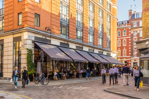 A view of a pedestrianised street in Marylebone in London, England, UK