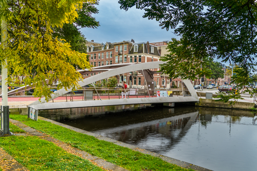 People walking on bridge connecting the city with the Westergas Factory area in Amsterdam, The Netherlands