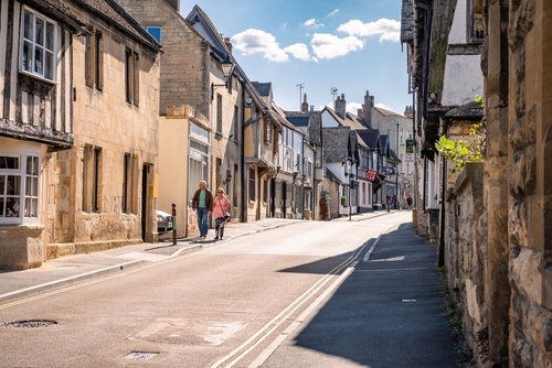 Quiet traffic-free Hailes Street at Winchcombe in the historic Cotswolds town with medieval buildings, Gloucestershire, England, United Kingdom