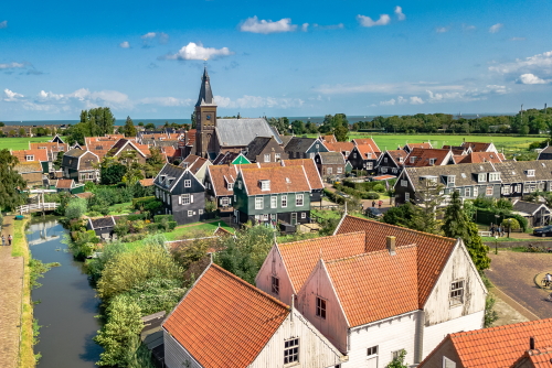 Aerial view of Marken island, traditional fisherman village from above, typical Dutch landscape near Amsterdam, The Netherlands
